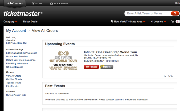 A screenshot of the GA e-ticket I had bought from Ticketmaster.